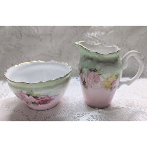 Antique Steinmann Attributed German Porcelain Creamer & Open Sugar Bowl Roses